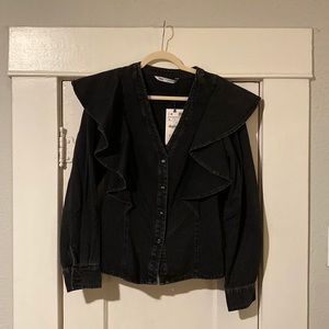 Brand NWT Zara Black Denim Button Down with Ruffles